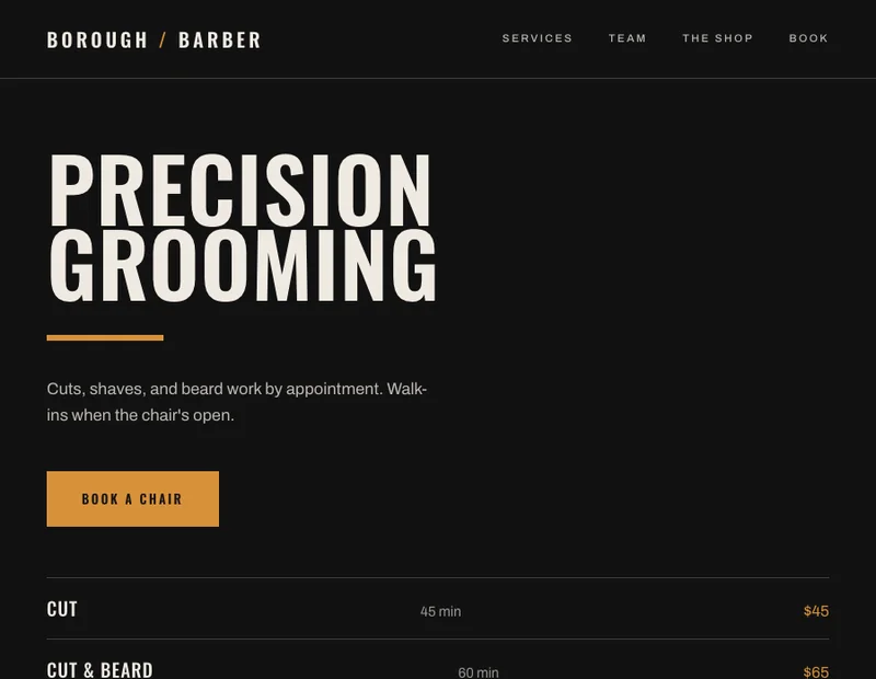 Borough Barber, a barber shop concept — condensed type on near-black