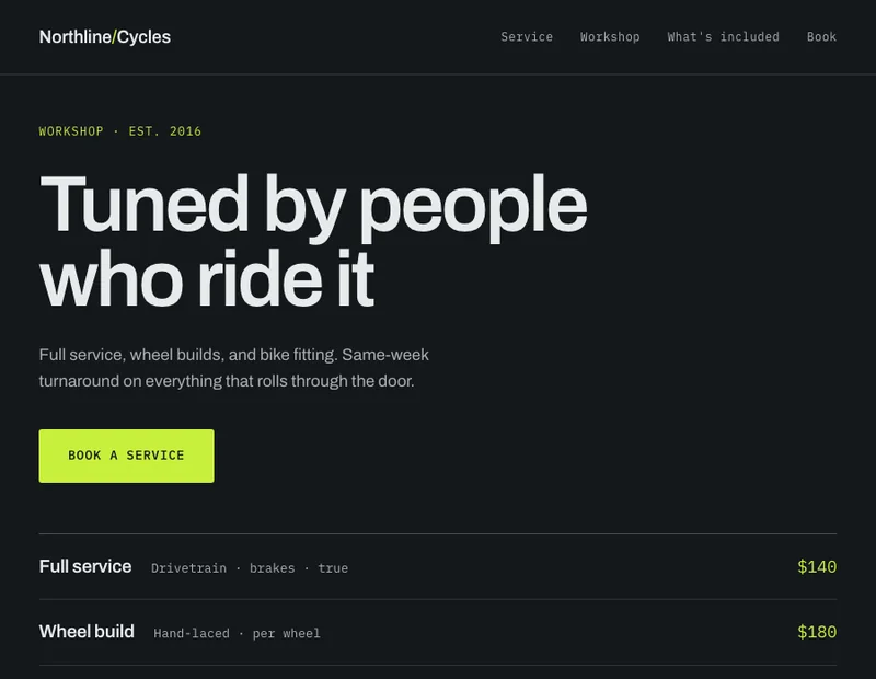 Northline, a bike shop concept — monospace specs on slate
